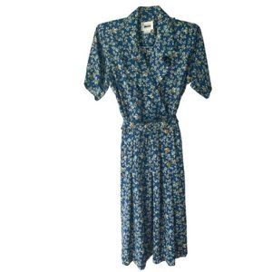 Leslie Fay Blue Floral Vintage 70s Midi Dress Small